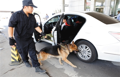 一警察正在查看進(jìn)京車輛后備廂的物品。